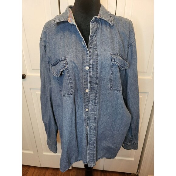 Vintage 90s Levi Strauss Denim Button Up Shirt Plaid XL Western Retro Cottage - Picture 1 of 8